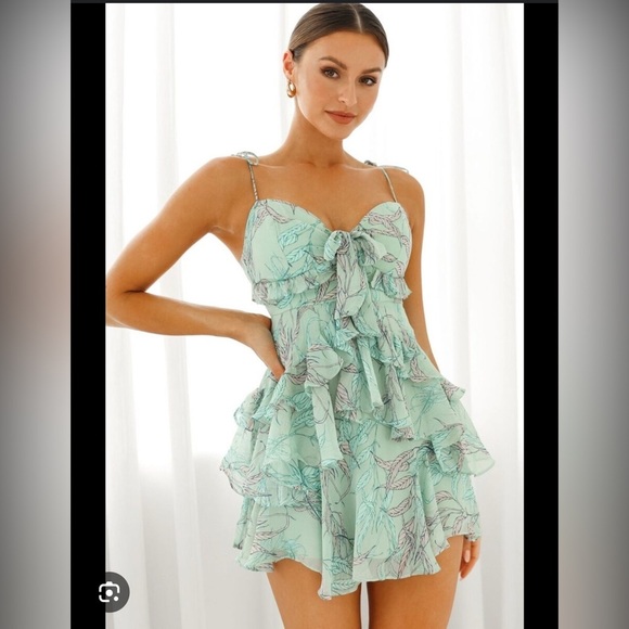 Hello Molly Dresses & Skirts - Hello MOLLY BUST TIE RUFFLE TRIM DRESS LEAF PRINT MINT